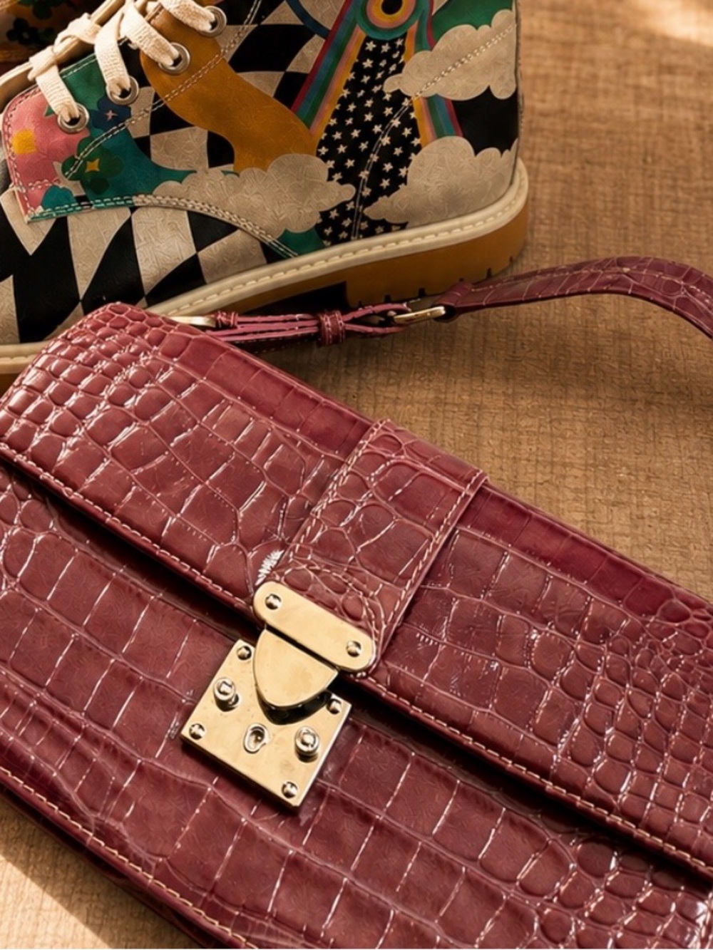Croc-Embossed Shoulder Bag in Mauve- Shoes Sold Separately